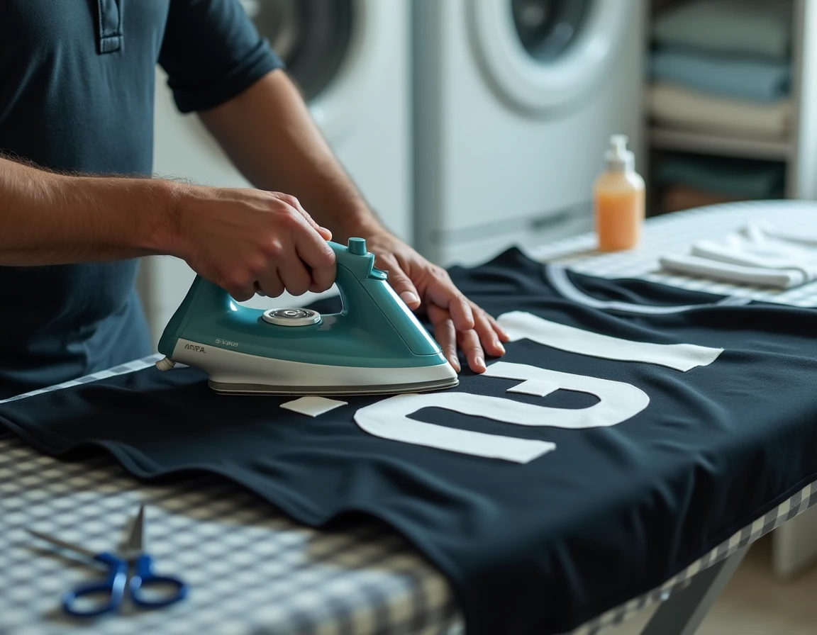 Gros plan de mains repassant un flocage décollé sur un maillot noir avec un fer à repasser et une pattemouille