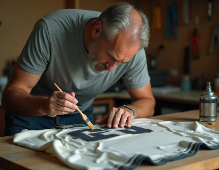 Homme réparant un flocage décollé sur un maillot de football avec de la colle textile sur un établi en bois
