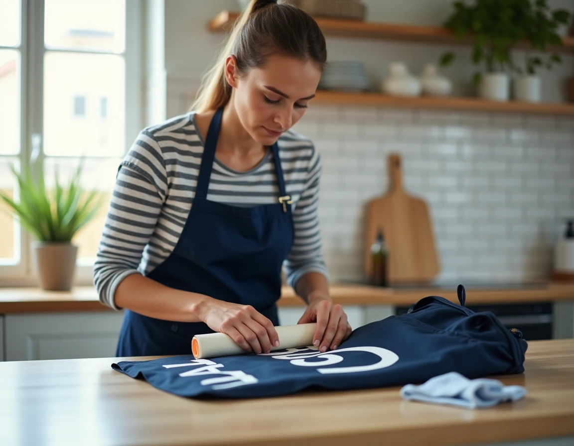 Femme utilisant un rouleau pour recoller les lettres en flocage décollées d'un sac de sport sur une table de cuisine