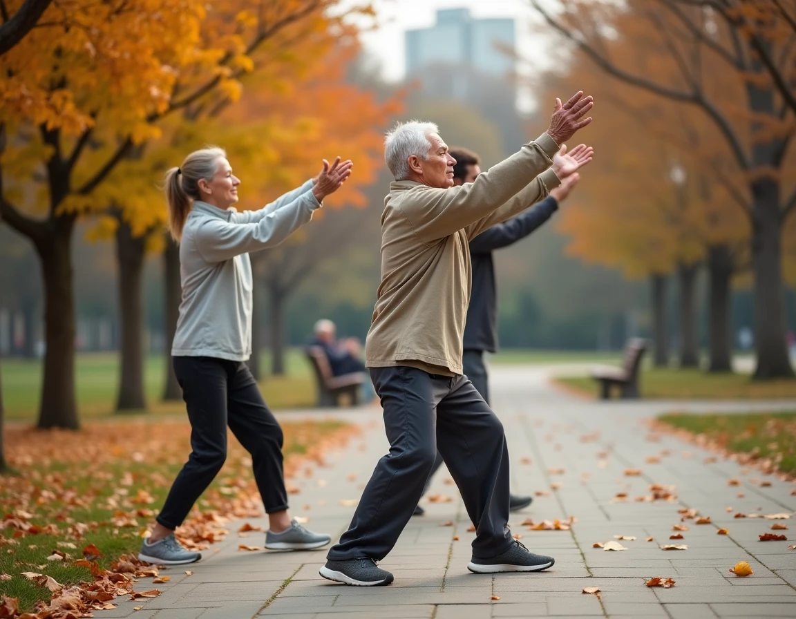 Groupe de retraités pratiquant le tai chi en plein air dans un parc en automne, activité physique et bien-être à la retraite