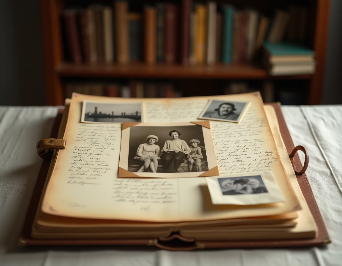 Une page de journal photo présentant une ancienne photo de famille exhumée accompagnée d'annotations manuscrites et de souvenirs vintage