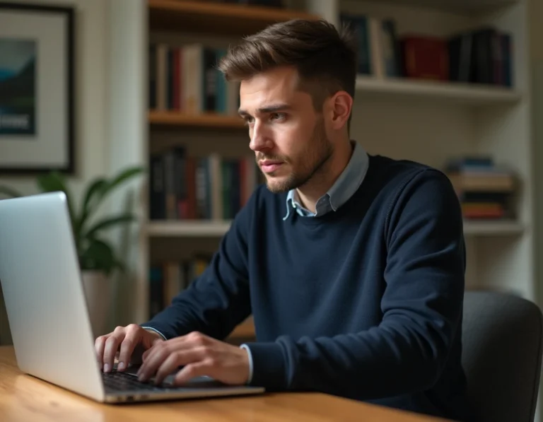 Homme naviguant sur un site de streaming de films en toute sécurité depuis son bureau à domicile en 2026