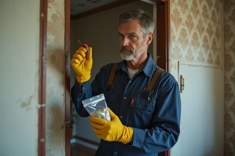 Technicien en tenue inspectant un mur ancien dans une maison bretonne
