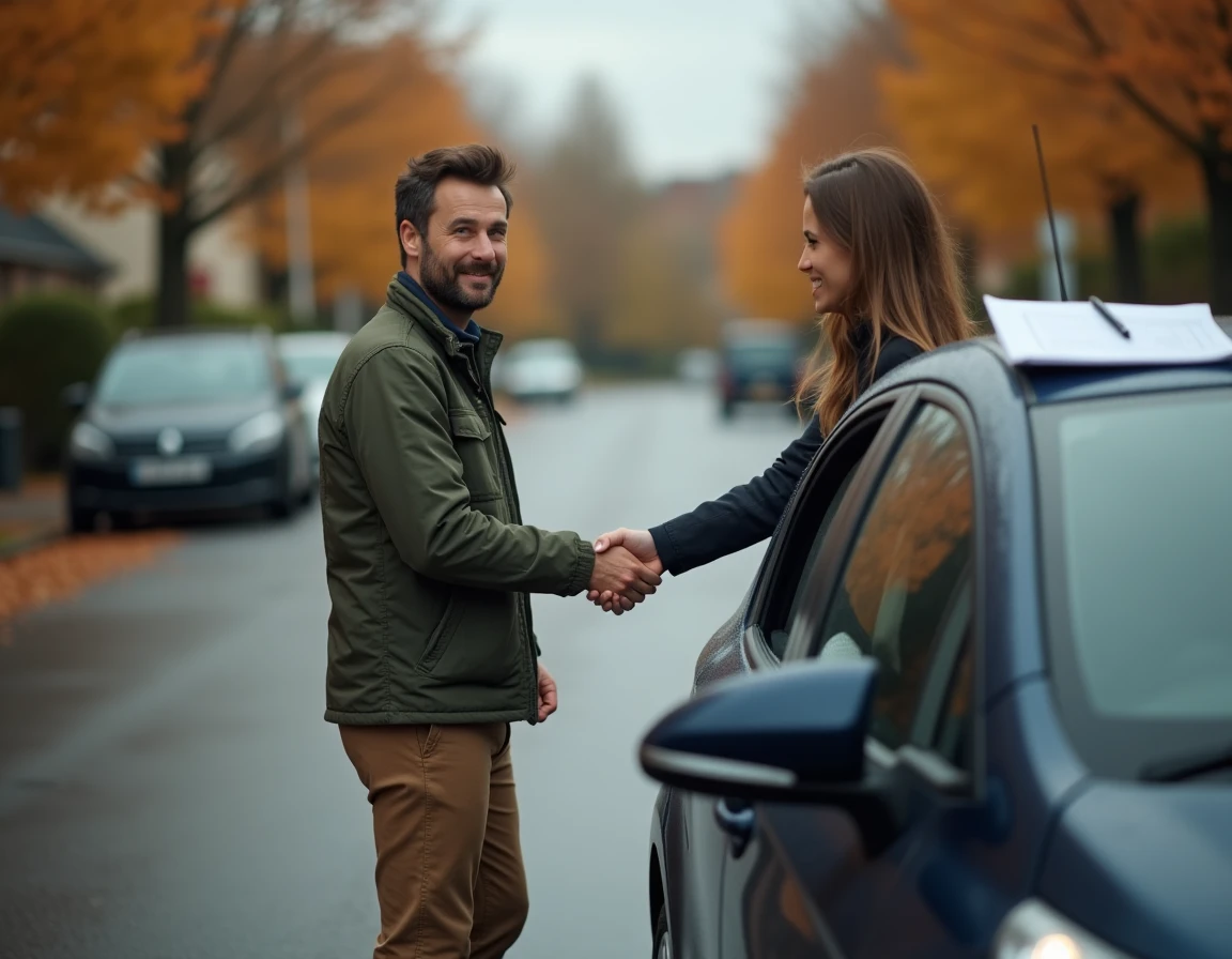 Vente de voiture entre particuliers avec poignée de main et documents sur le capot d'une berline bleue
