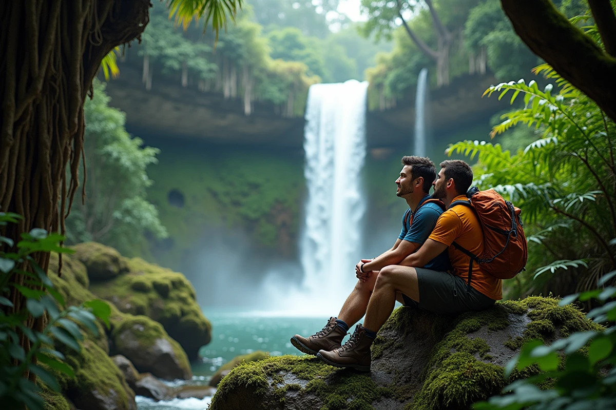 Couple de randonneurs assis sur des rochers moussus devant une cascade tropicale entourée de végétation luxuriante