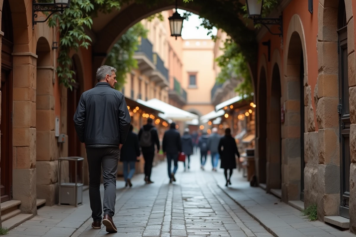 Homme en veste sombre marchant dans une ruelle pavée d'une vieille ville européenne avec des lanternes et un marché animé